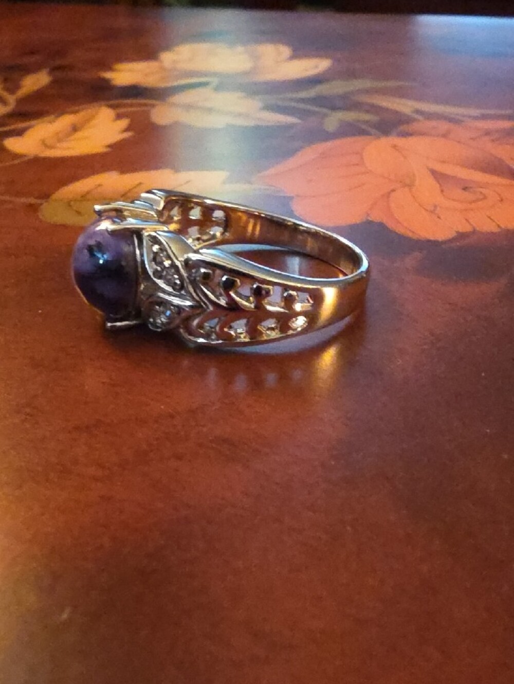 JTV Charoite White Zircon Rhodium Over Silver Ring Size 10 - Picture 3 of 9
